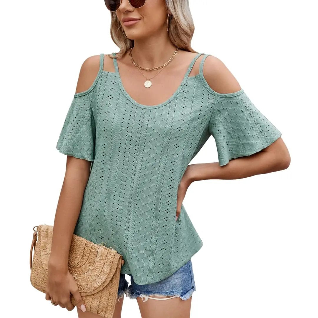 Women’s Off-Shoulder V-Neck Short Sleeve Spliced T-Shirt