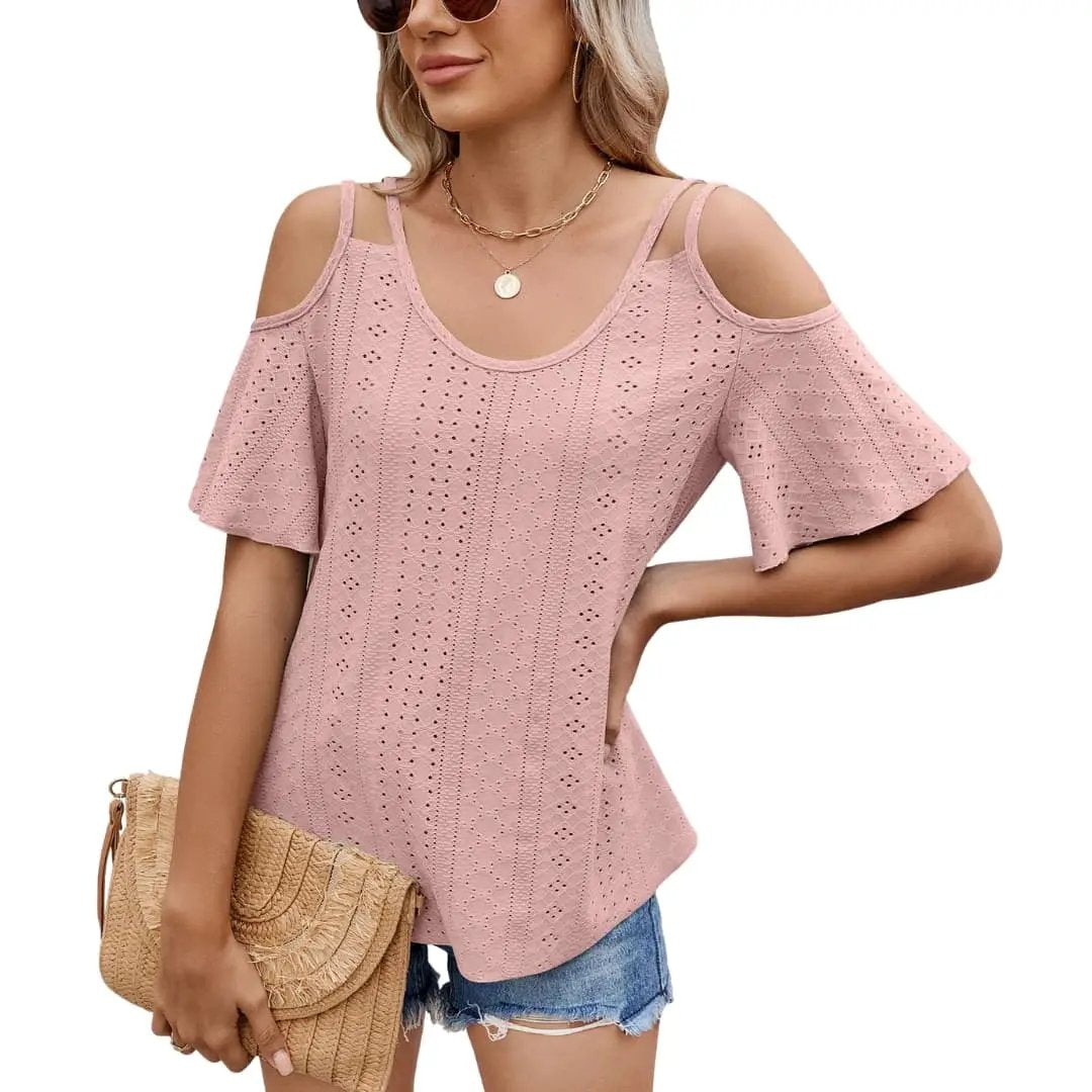 Women’s Off-Shoulder V-Neck Short Sleeve Spliced T-Shirt