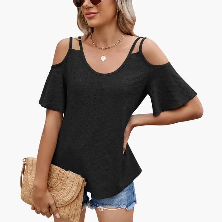Women’s Off-Shoulder V-Neck Short Sleeve Spliced T-Shirt