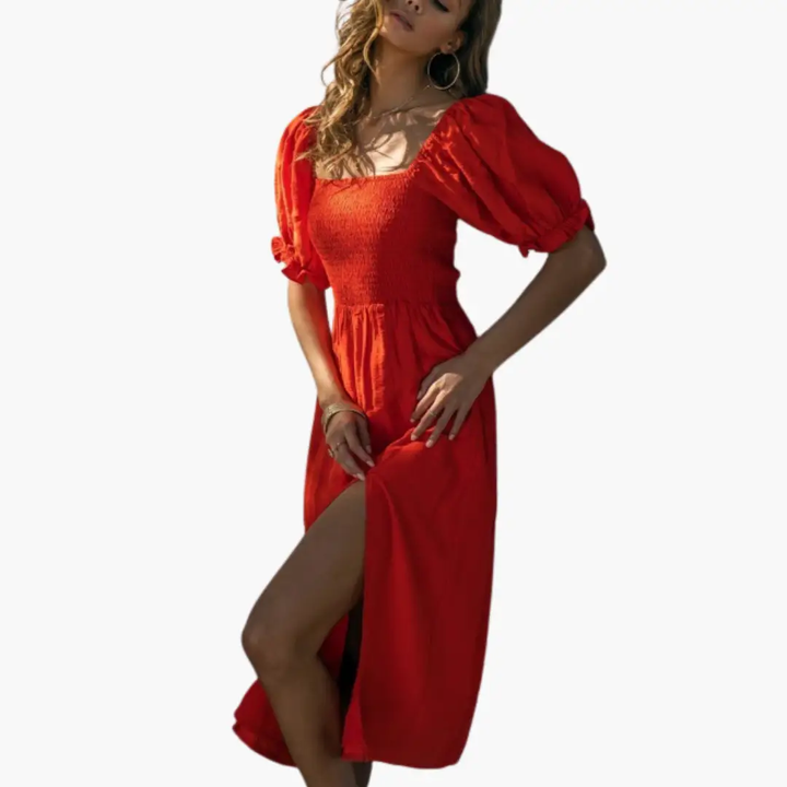 Women’s Off Shoulder Dress with Smocked Bodice and Puff Sleeves