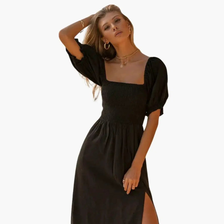 Women’s Off Shoulder Dress with Smocked Bodice and Puff Sleeves