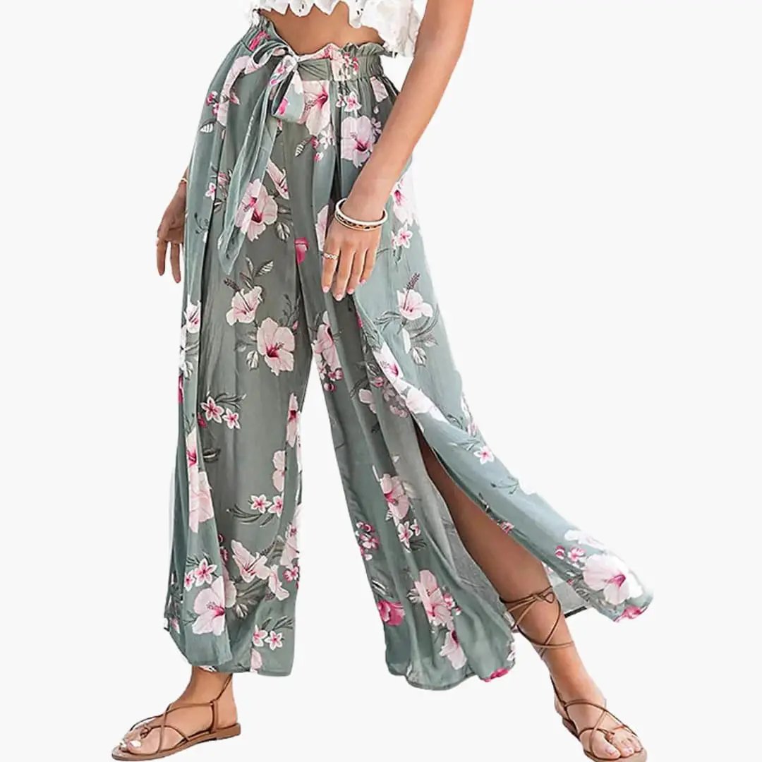 Women’s Palazzo Pants with Elastic Waistband and Floral Design