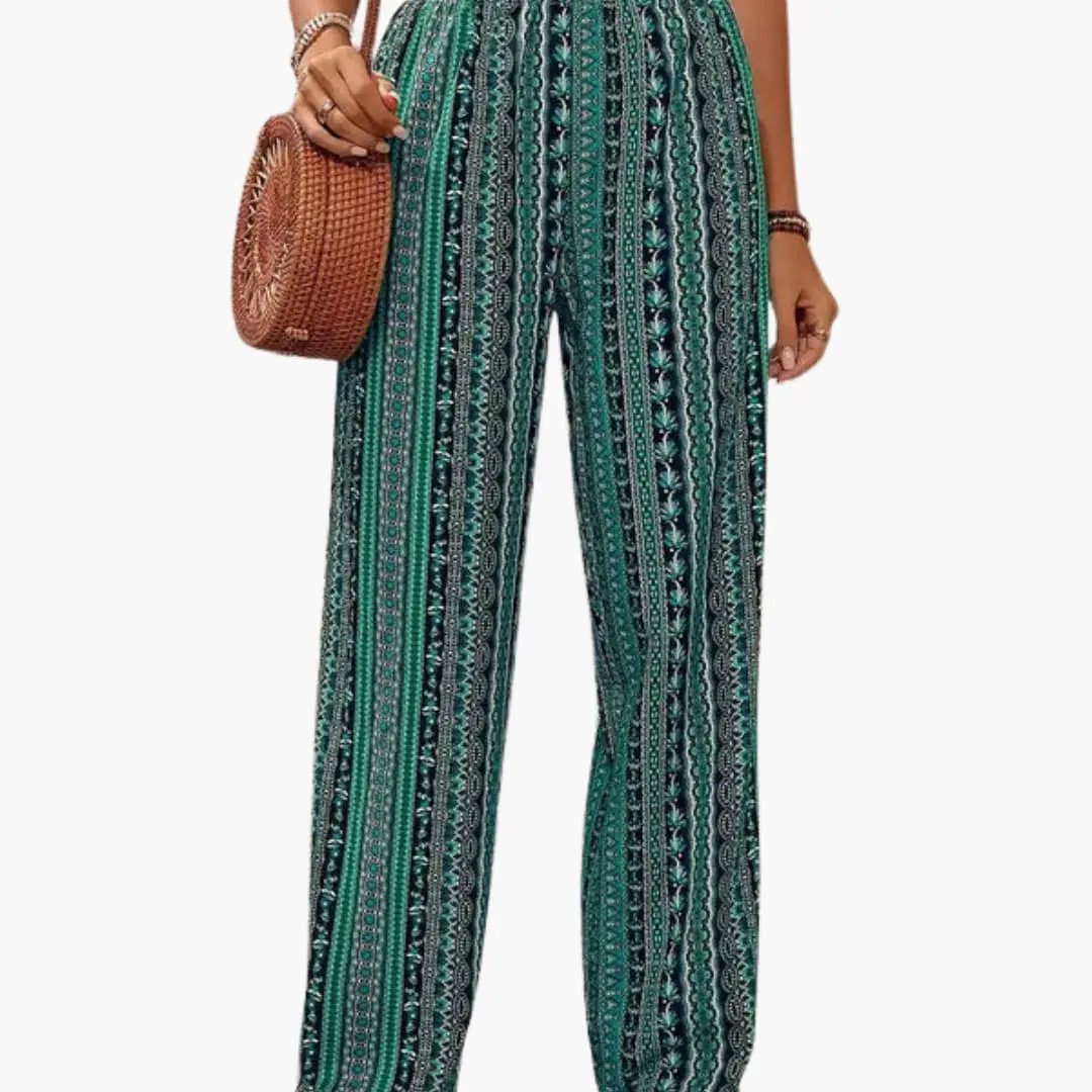 Women's Palazzo Pants with Graphic Print and Elastic Waistband