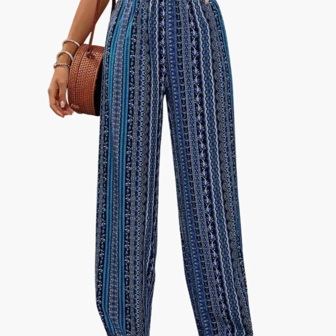 Women's Palazzo Pants with Graphic Print and Elastic Waistband