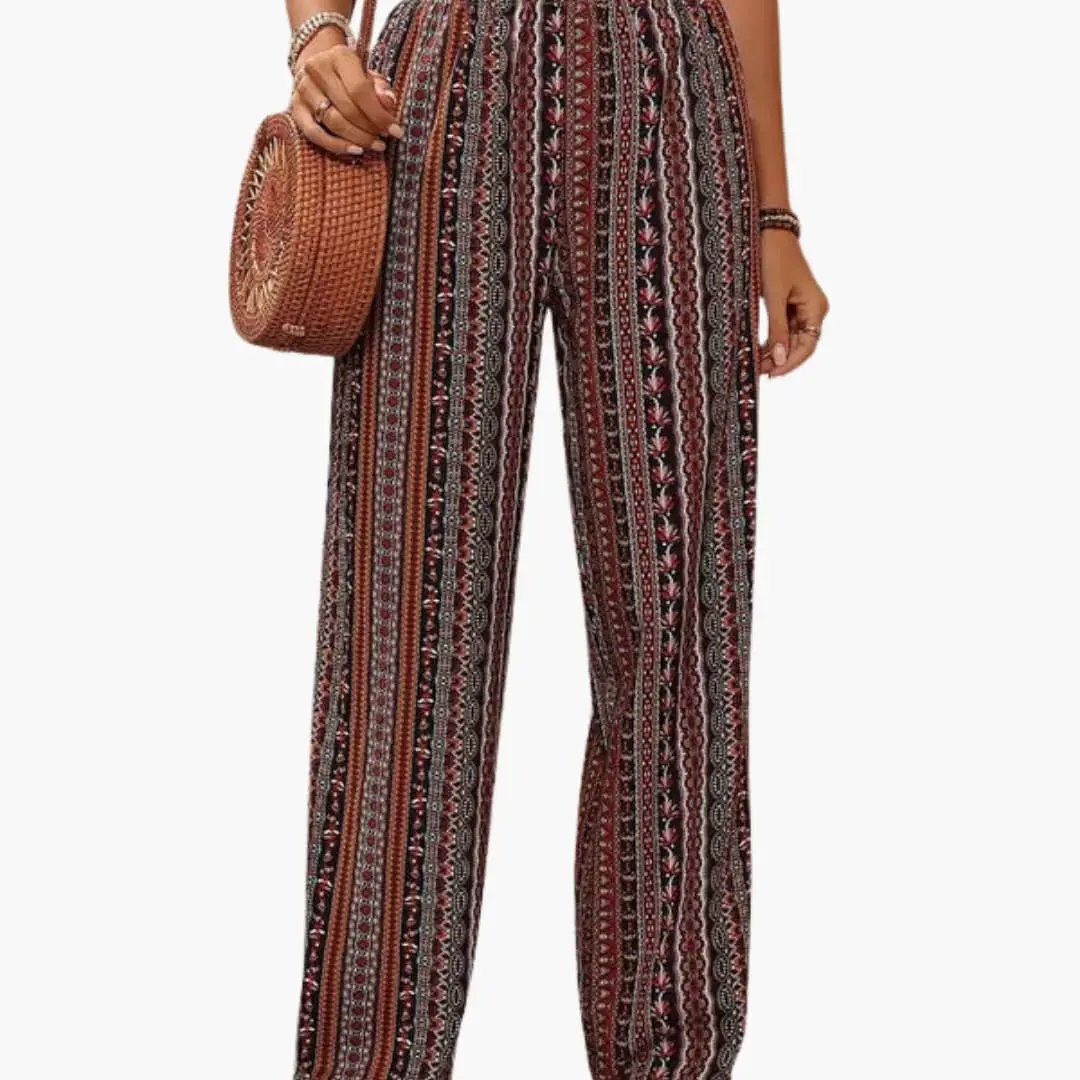 Women's Palazzo Pants with Graphic Print and Elastic Waistband