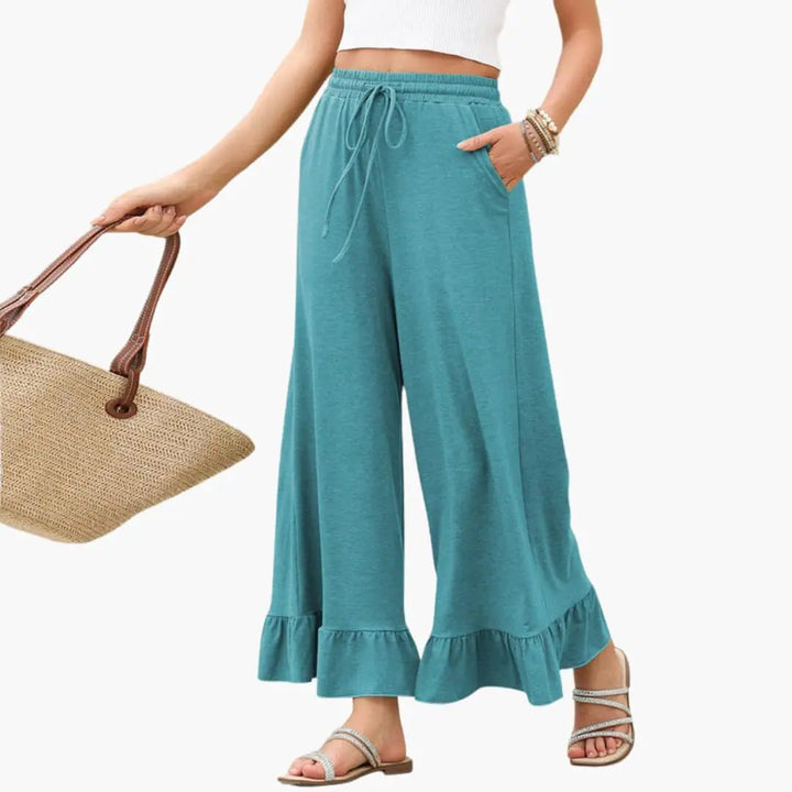 Women's Palazzo Pants with Ruffled Hem and Elastic Waistband