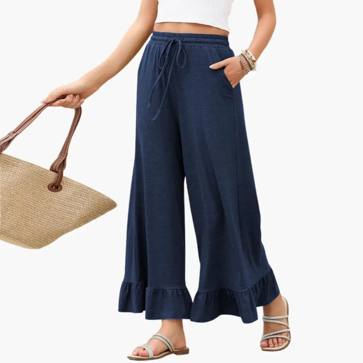 Women's Palazzo Pants with Ruffled Hem and Elastic Waistband