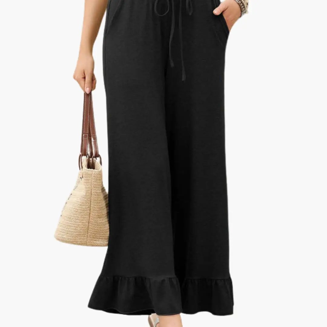 Women's Palazzo Pants with Ruffled Hem and Elastic Waistband