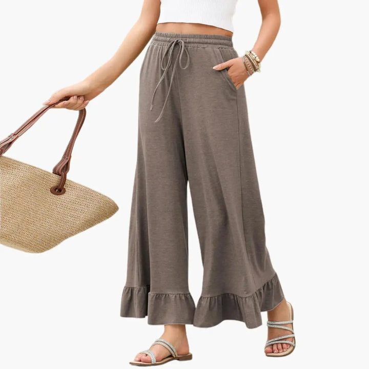 Women's Palazzo Pants with Ruffled Hem and Elastic Waistband