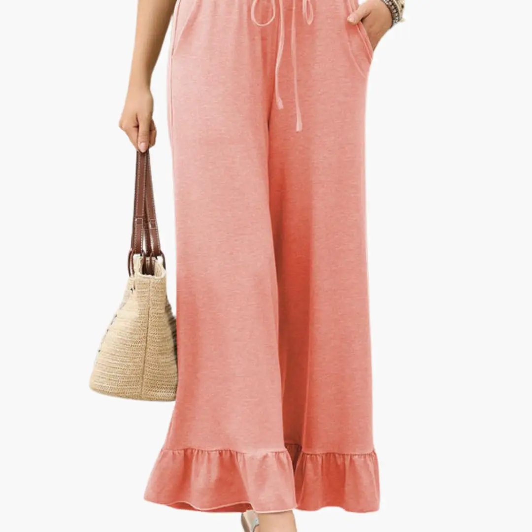 Women's Palazzo Pants with Ruffled Hem and Elastic Waistband