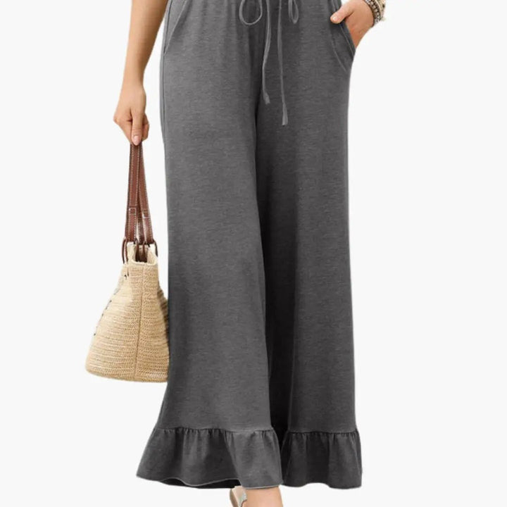 Women's Palazzo Pants with Ruffled Hem and Elastic Waistband