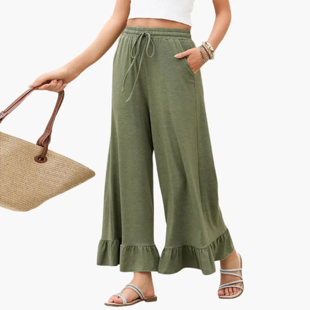 Women's Palazzo Pants with Ruffled Hem and Elastic Waistband