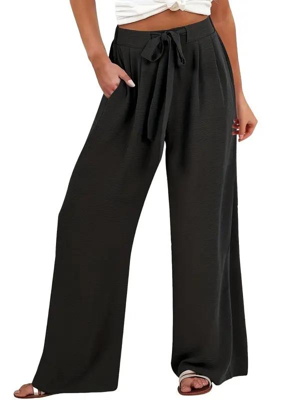 Women's Palazzo Pants with Tie Waist and Wide Legs