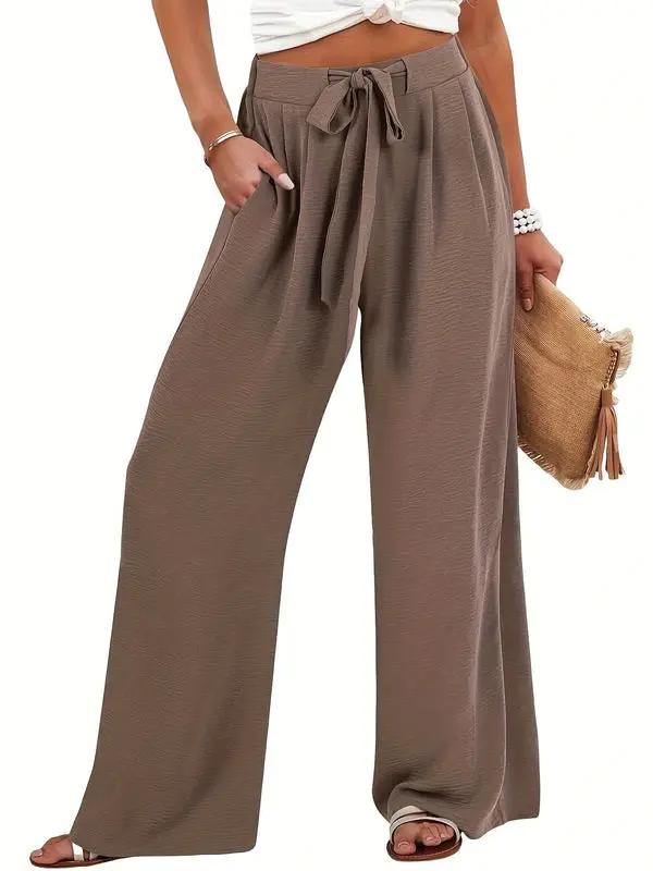 Women's Palazzo Pants with Tie Waist and Wide Legs