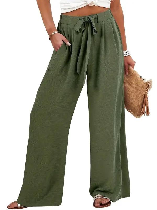 Women's Palazzo Pants with Tie Waist and Wide Legs