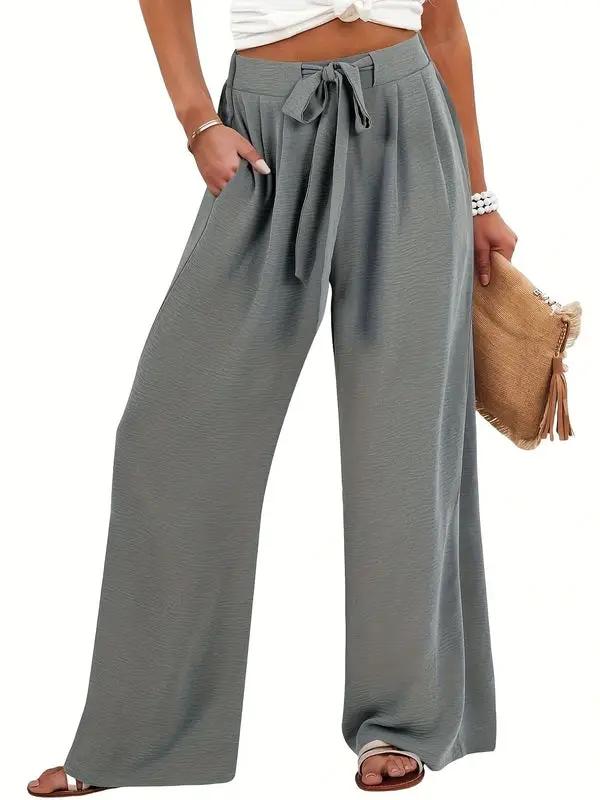 Women's Palazzo Pants with Tie Waist and Wide Legs