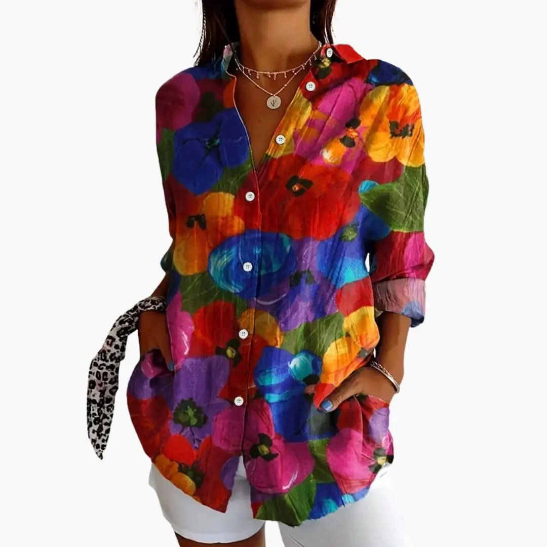 Women's Blouse with Patterned Surface and Button Closure