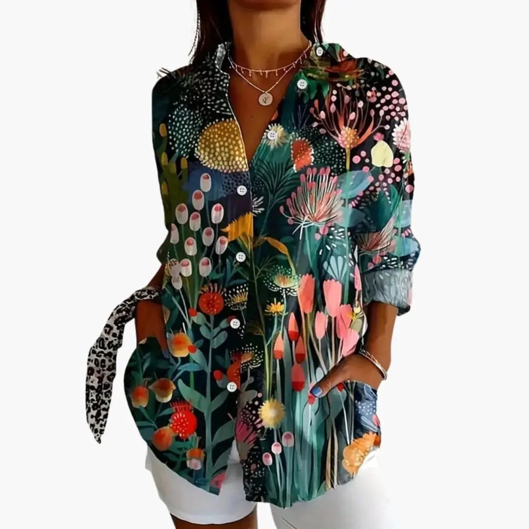 Women's Blouse with Patterned Surface and Button Closure