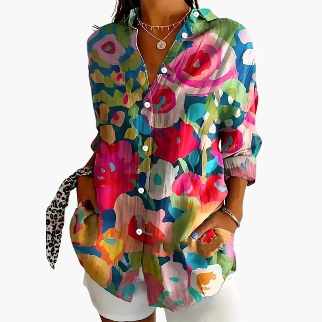 Women's Blouse with Patterned Surface and Button Closure