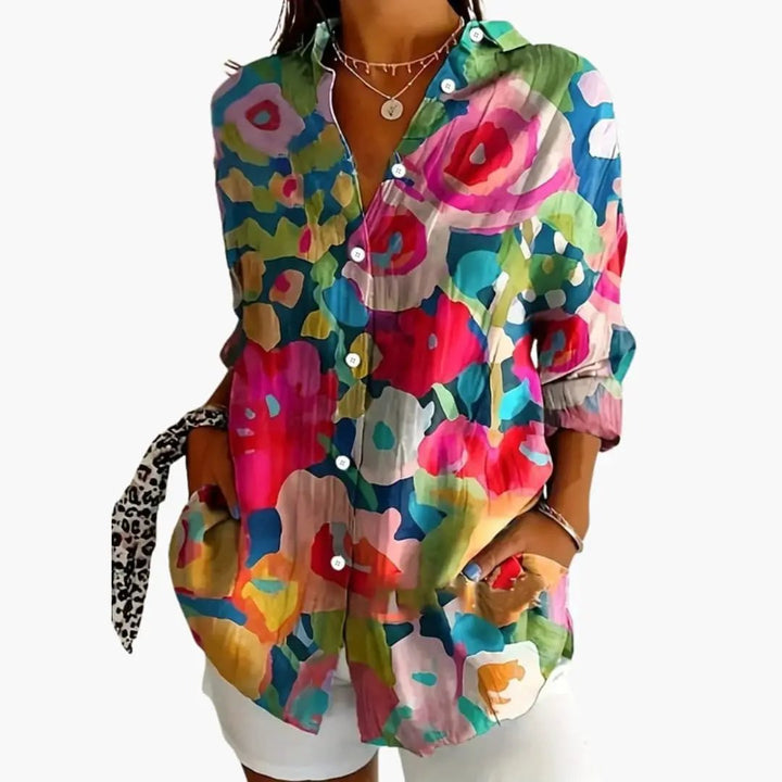 Women's Blouse with Patterned Surface and Button Closure