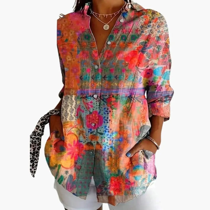 Women's Blouse with Patterned Surface and Button Closure