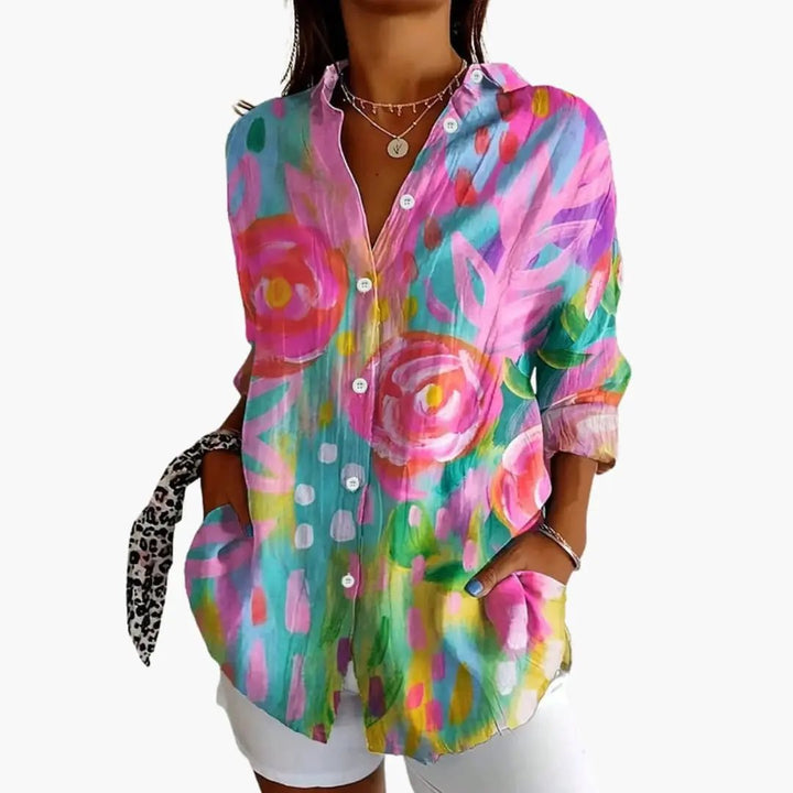 Women's Blouse with Patterned Surface and Button Closure