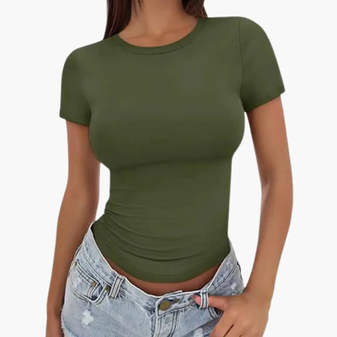 Women’s Plain Round Neck T-Shirt Regular Length Top