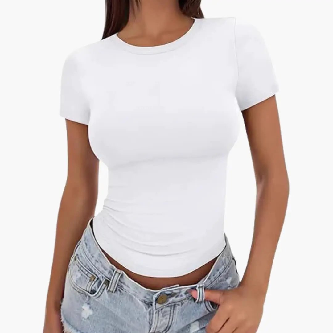 Women’s Plain Round Neck T-Shirt Regular Length Top