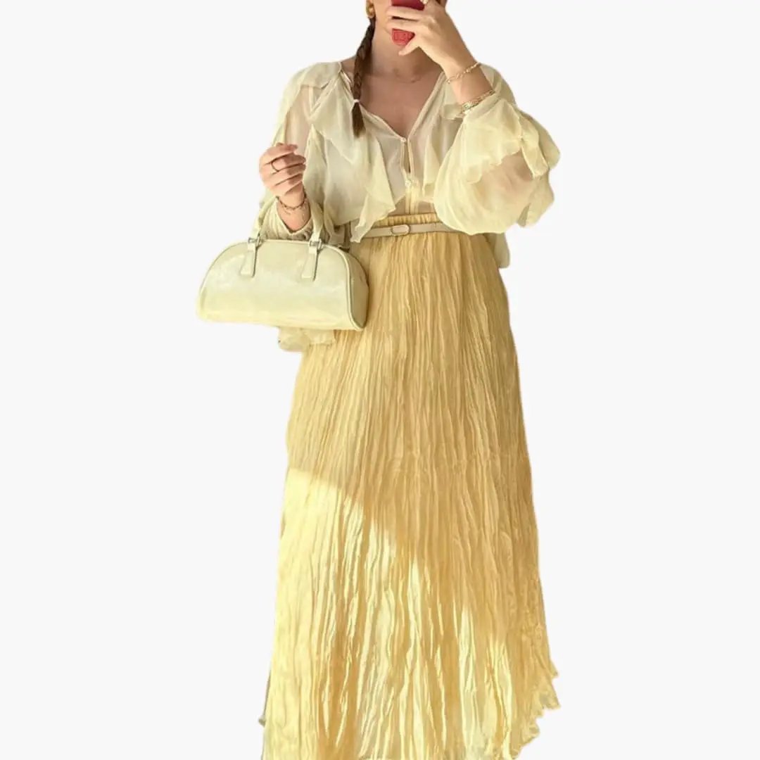 Women's Pleated Maxi Skirt with Elastic Waistband and Long Length