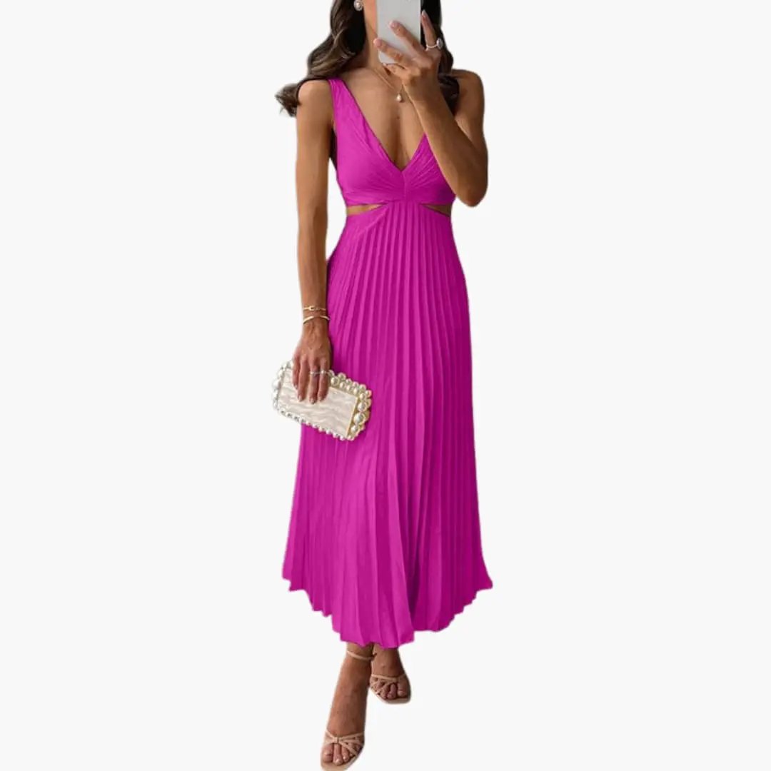 Women’s Pleated Satin Dress with Round Neckline
