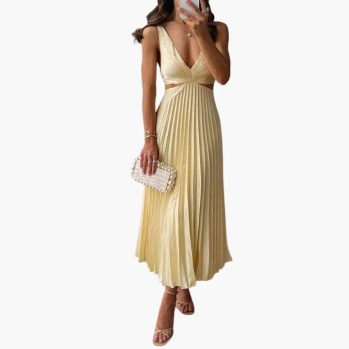 Women’s Pleated Satin Dress with Round Neckline
