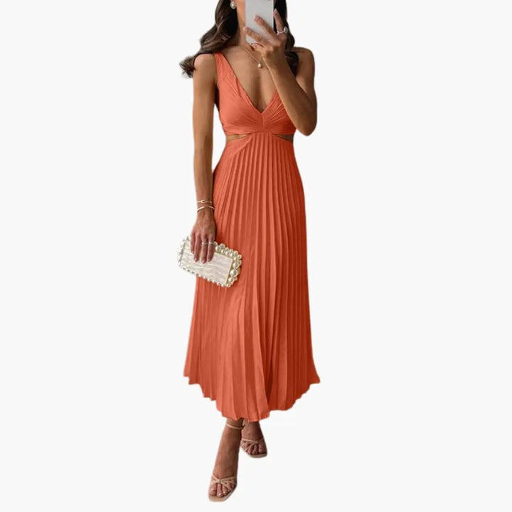 Women’s Pleated Satin Dress with Round Neckline