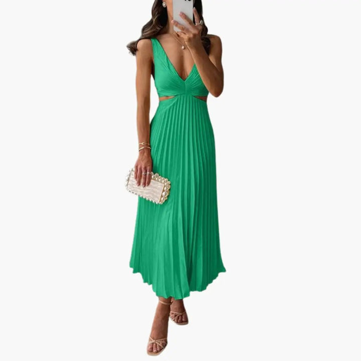 Women’s Pleated Satin Dress with Round Neckline