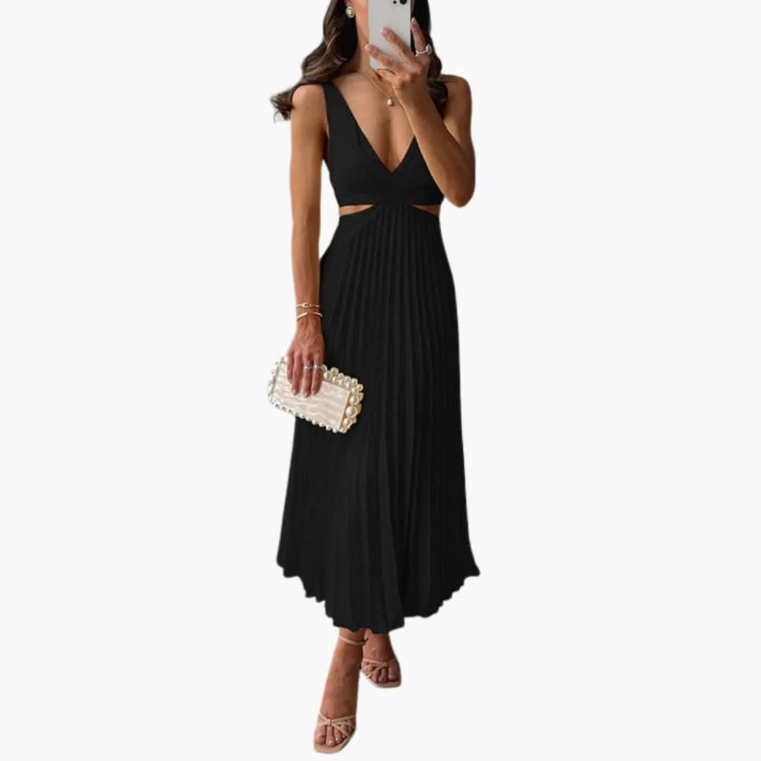 Women’s Pleated Satin Dress with Round Neckline