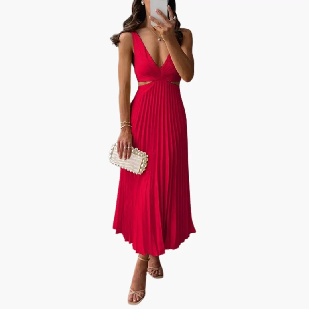 Women’s Pleated Satin Dress with Round Neckline