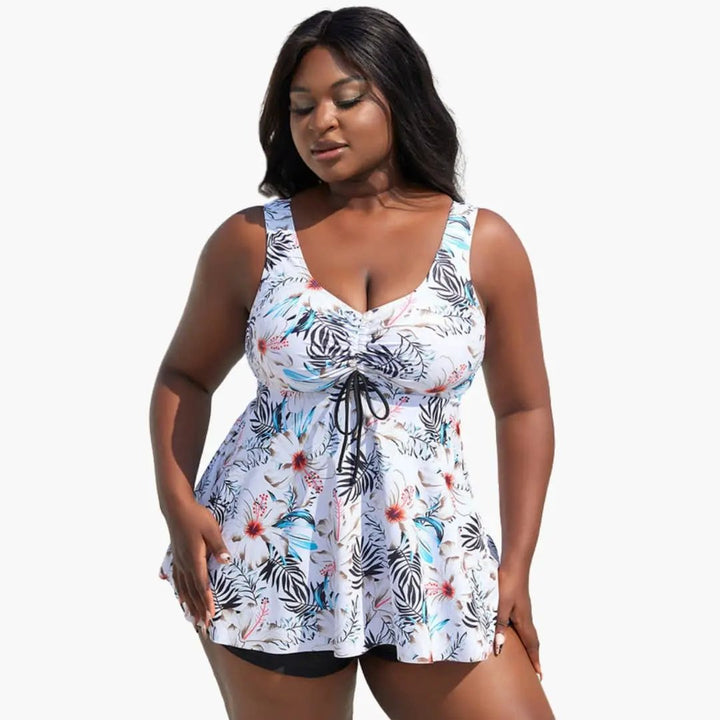 Women’s Plus Size Floral Tankini Swimsuit Set – Split Hem Top with Mid-Rise Bottom