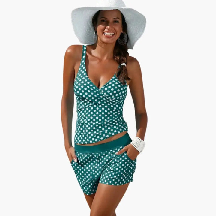 Women’s Polka Dot Bikini Set with High-Waisted Swim Shorts