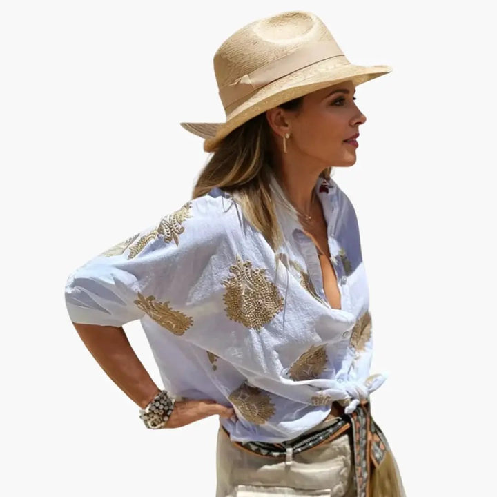Women's Printed Blouse with Relaxed Fit and Round Neck