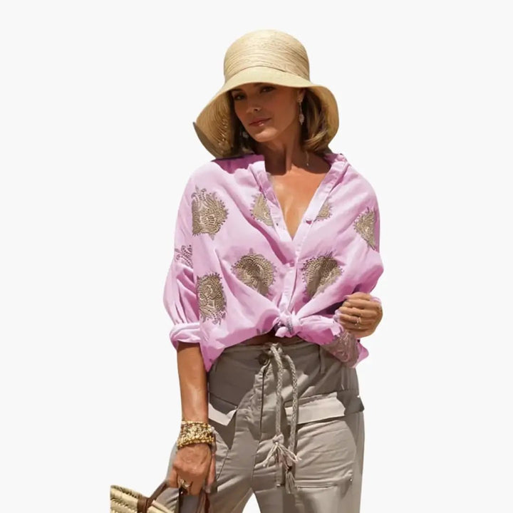 Women's Printed Blouse with Relaxed Fit and Round Neck