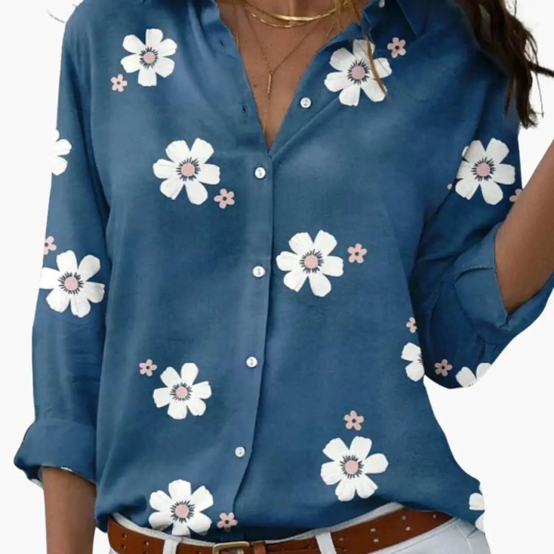 Women’s Printed Button-Down Blouse Collared Long Sleeve Loose Fit Top