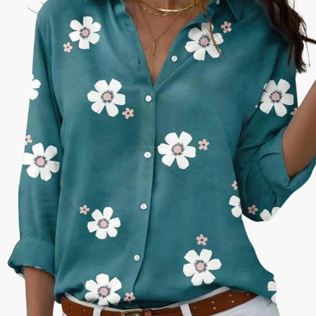 Women’s Printed Button-Down Blouse Collared Long Sleeve Loose Fit Top