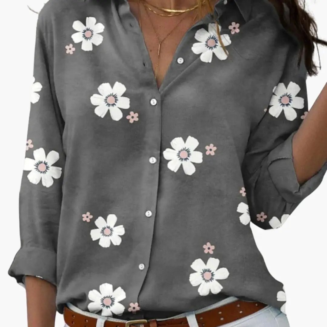 Women’s Printed Button-Down Blouse Collared Long Sleeve Loose Fit Top