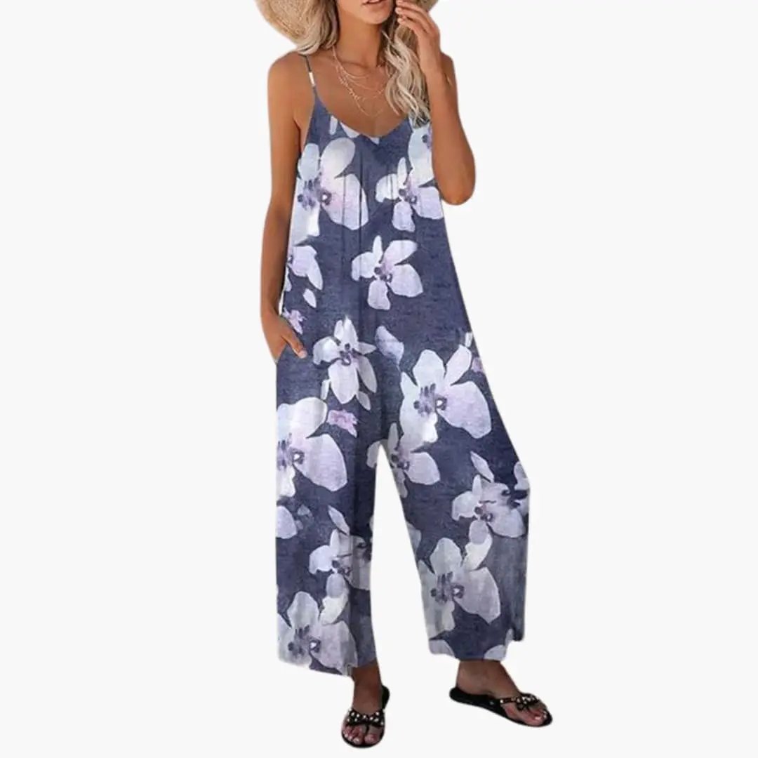 Women’s Printed Jumpsuit with Adjustable Straps and Pockets  One-Piece