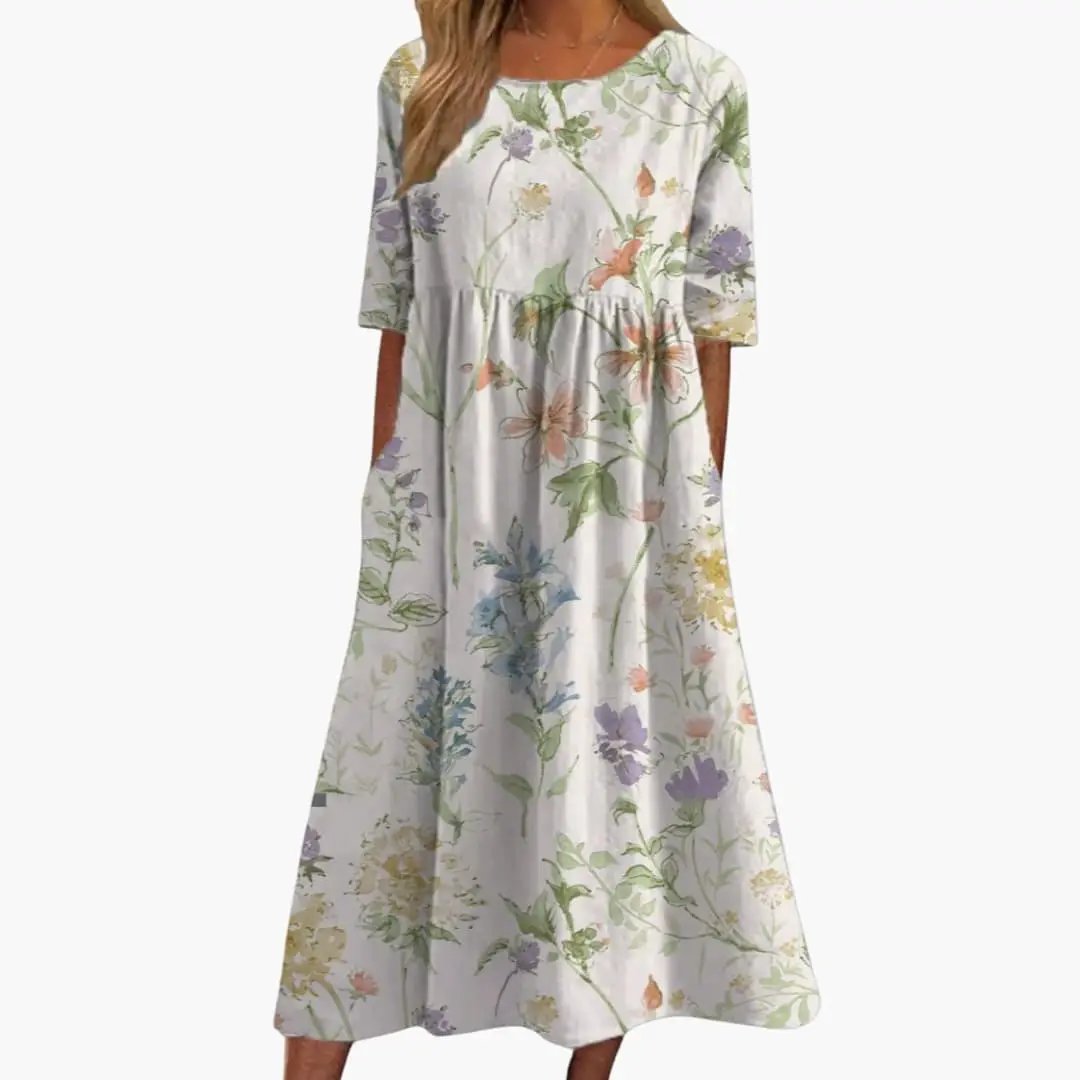 Women’s Printed Midi Dress Short Sleeve Loose Fit Summer Dress