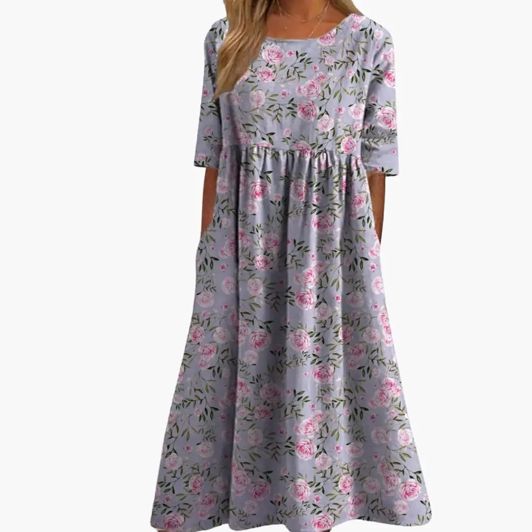 Women’s Printed Midi Dress Short Sleeve Loose Fit Summer Dress