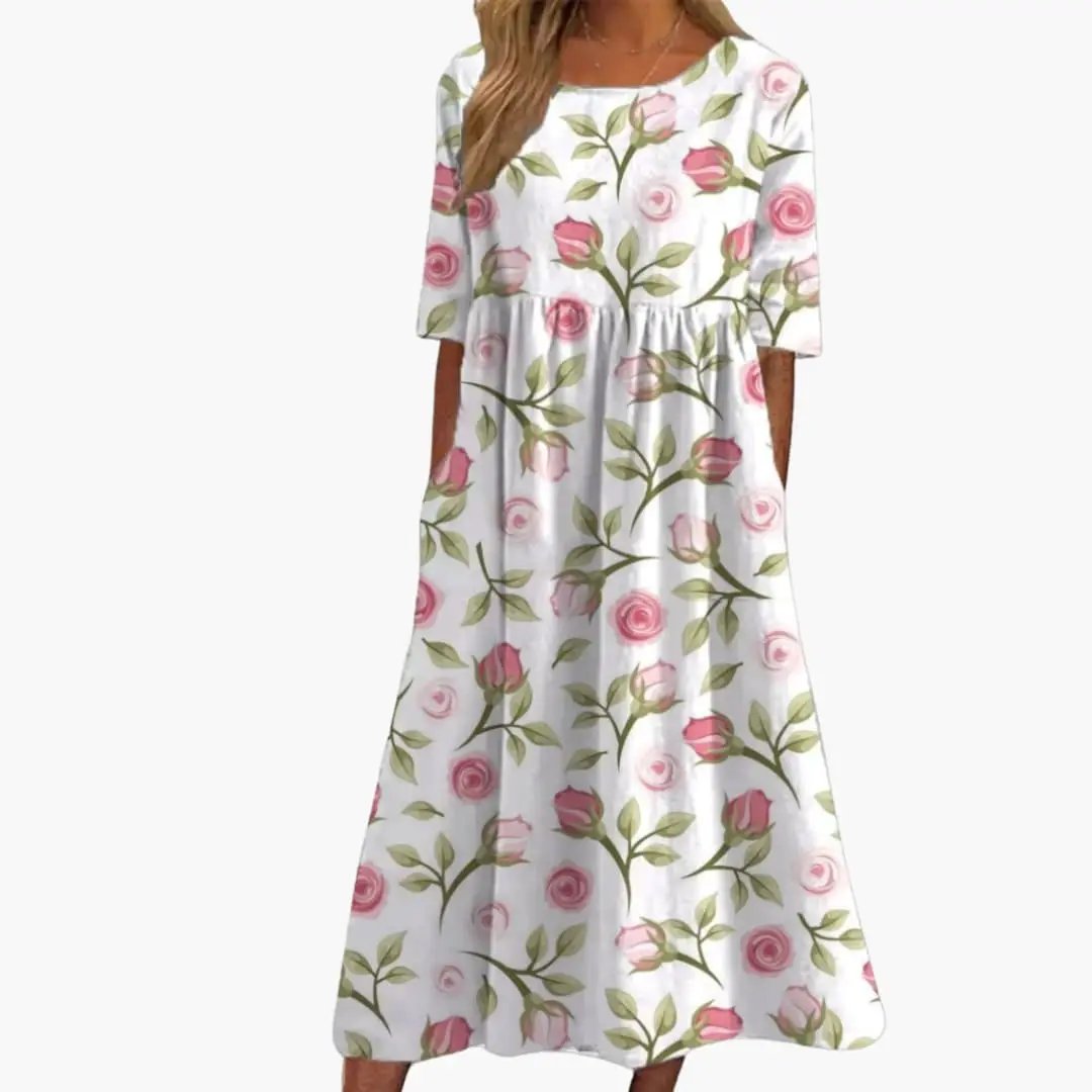 Women’s Printed Midi Dress Short Sleeve Loose Fit Summer Dress