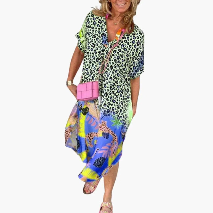 Women’s Printed Midi Dress with Short Sleeves and Round Neck