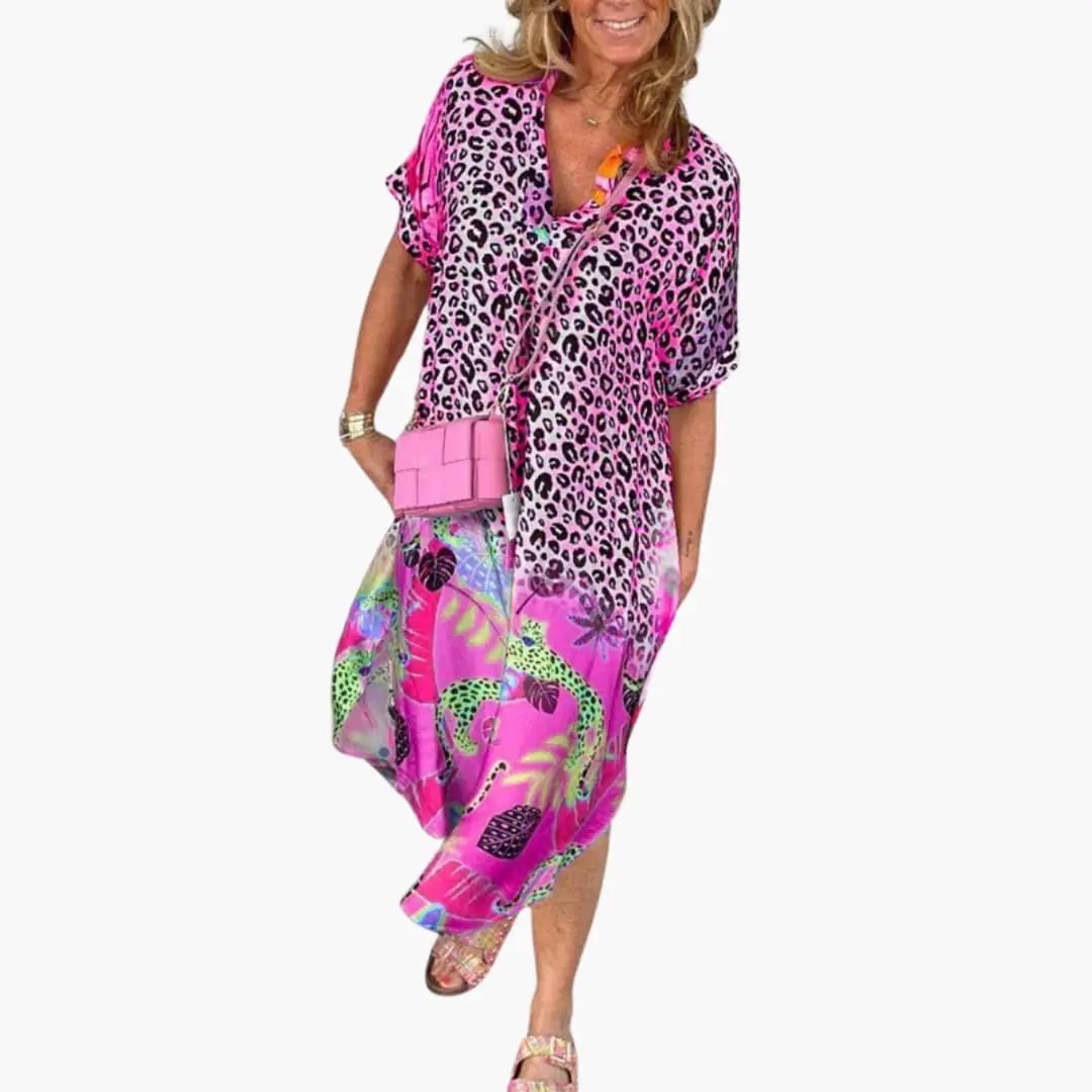 Women’s Printed Midi Dress with Short Sleeves and Round Neck
