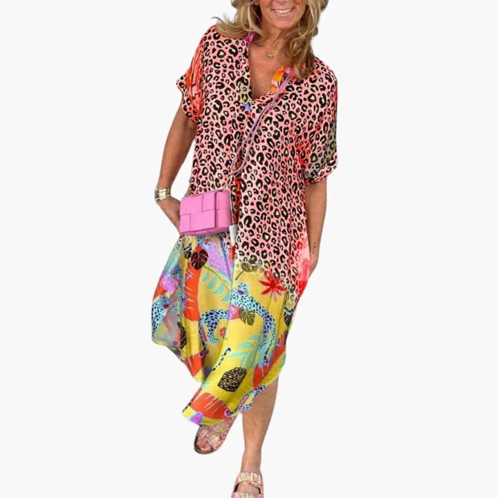 Women’s Printed Midi Dress with Short Sleeves and Round Neck