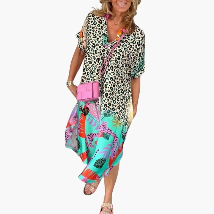 Women’s Printed Midi Dress with Short Sleeves and Round Neck